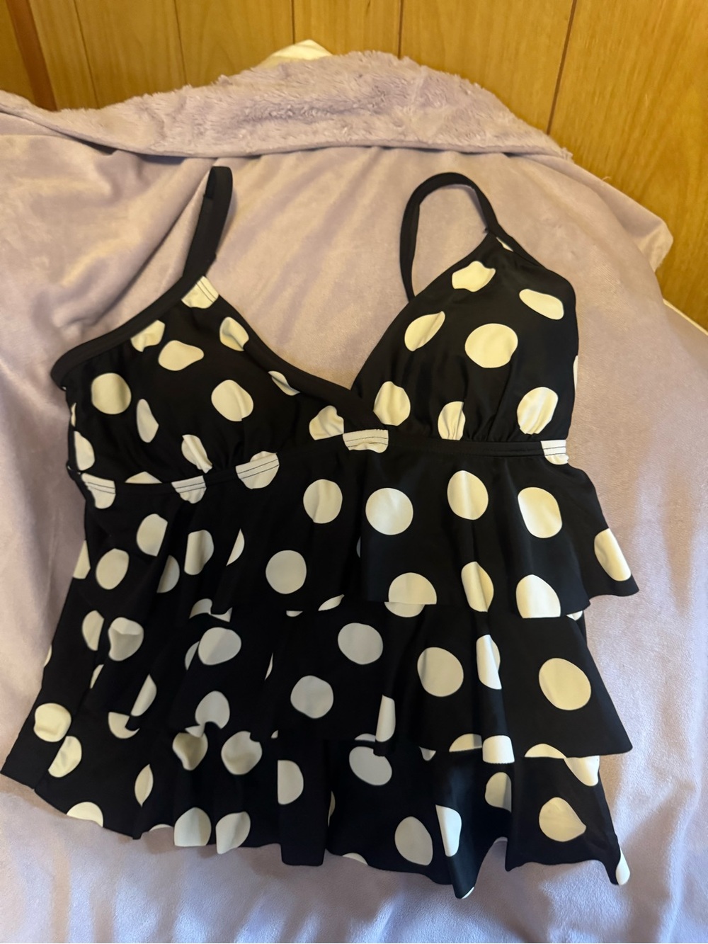 St. John's Bay Black and White Polka Dot Ruffle Swim Top